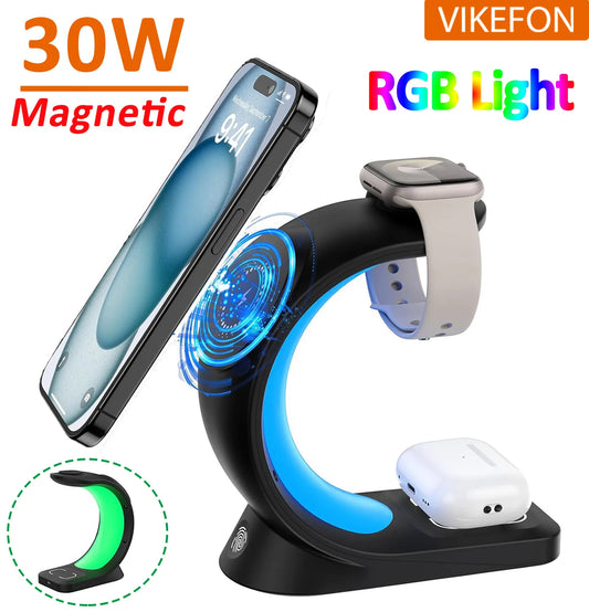 RGB Light 4 in 1 Magnetic Wireless Charger Stand for iPhone 15 14 13 12 Pro Max 30W Fast Charging Station for IWatch 8 7 AirPods