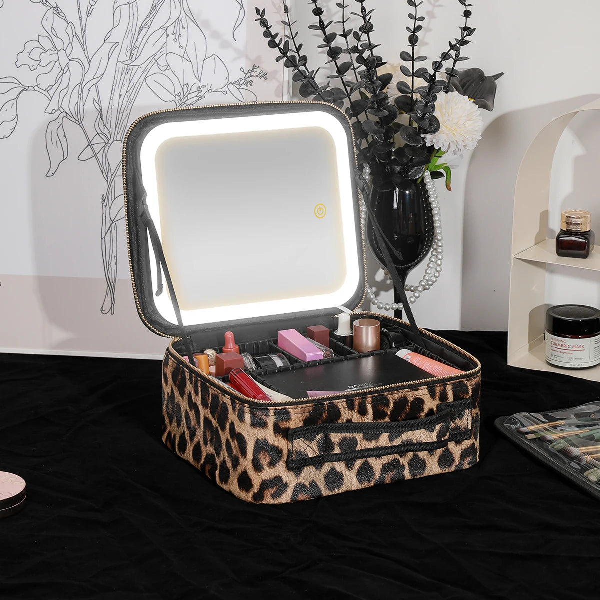 Makeup Bag with Mirror and Lights 3 Colors Dimmable LED Make up Case, Cosmetic Organizer Accessories Makeup  Train Case LEOPARD