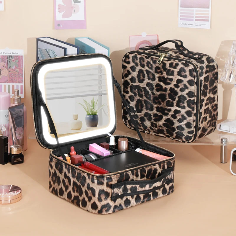 Makeup Bag with Mirror and Lights 3 Colors Dimmable LED Make up Case, Cosmetic Organizer Accessories Makeup  Train Case LEOPARD